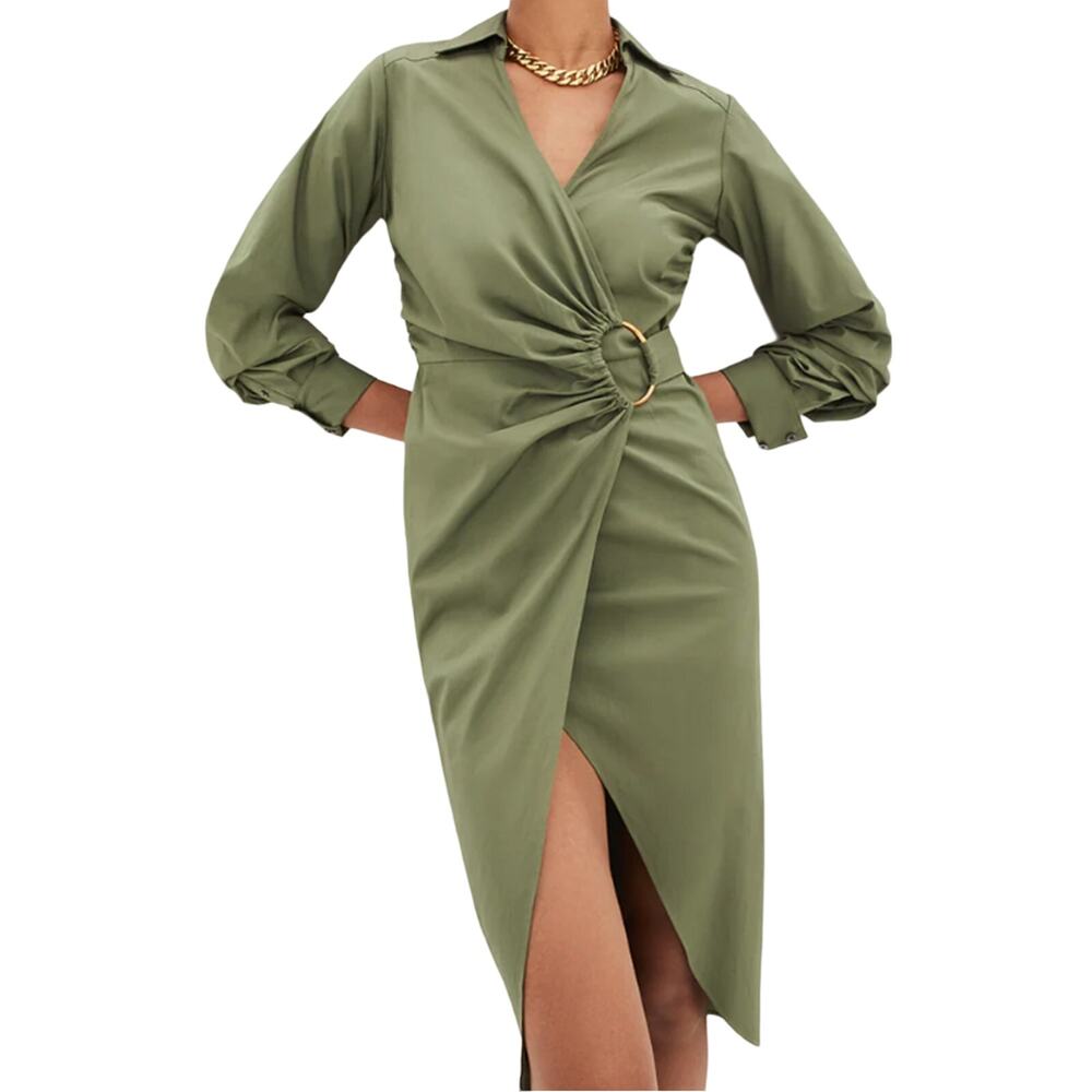 Veronica Beard NEW Afton Wrap Shirt Midi Dress Army Green Cotton Womens Sz 4 NWT